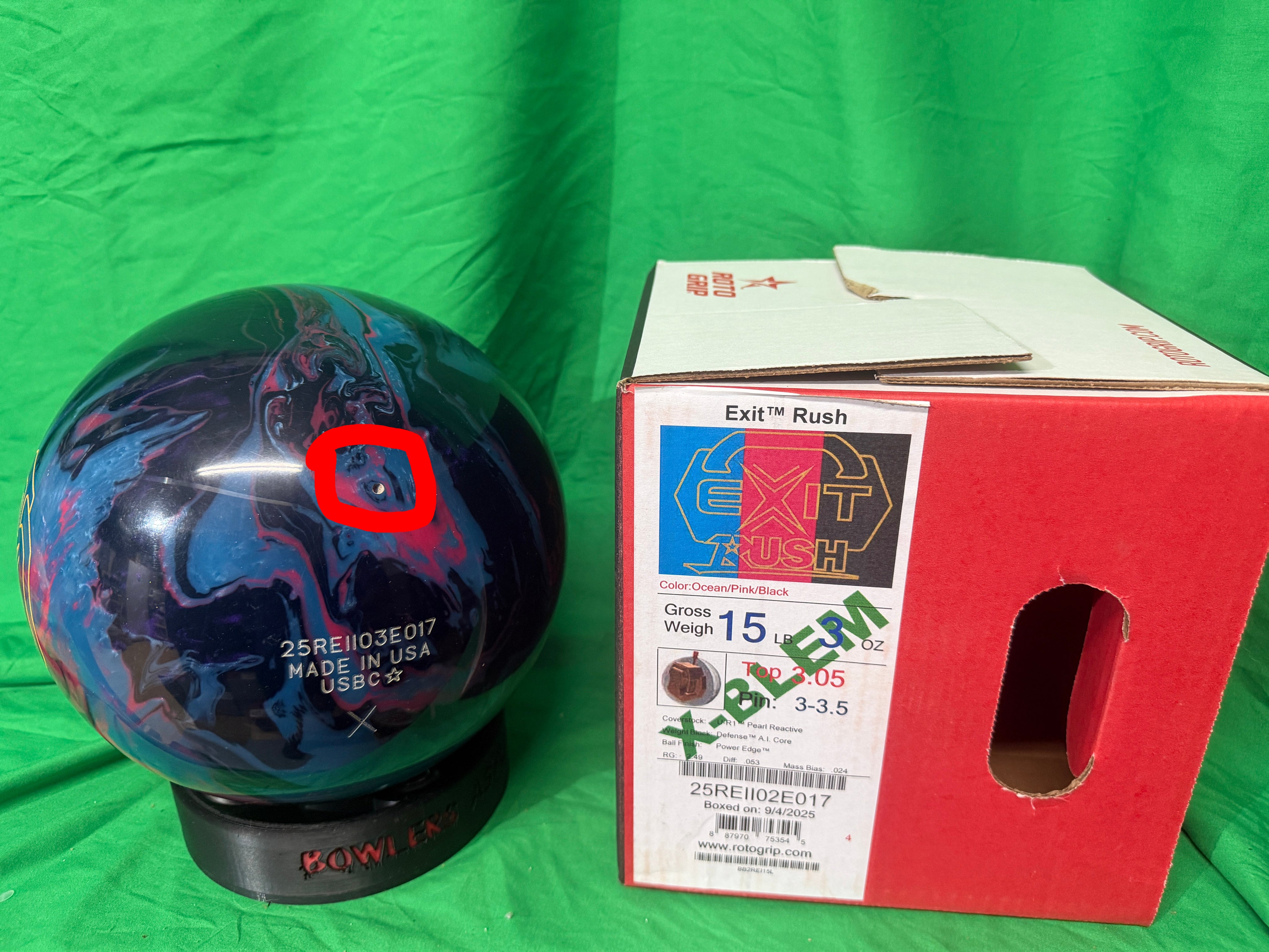 Roto Grip Exit Rush 15 lbs X-Blem - Bowlers Asylum - World Elite Bowling - SRGBBFS - Storm Bowling - Roto Grip Bowling - 900 Global Bowling - Motiv Bowling - Track Bowling - Brunswick Bowling - Radical Bowling - Ebonite Bowling - DV8 Bowling - Columbia 300 Bowling - Hammer Bowling