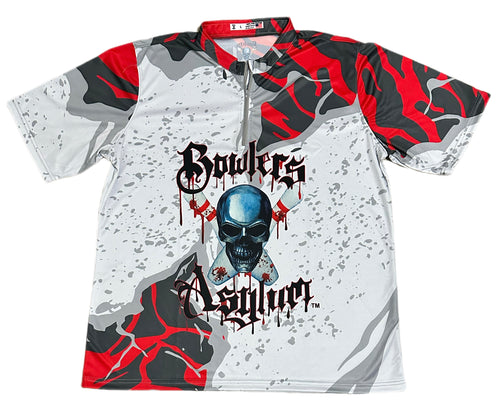 Bowlers Asylum Gray and White Sash Zip Jersey - Bowlers Asylum - World Elite Bowling - SRGBBFS - Storm Bowling - Roto Grip Bowling - 900 Global Bowling - Motiv Bowling - Track Bowling - Brunswick Bowling - Radical Bowling - Ebonite Bowling - DV8 Bowling - Columbia 300 Bowling - Hammer Bowling