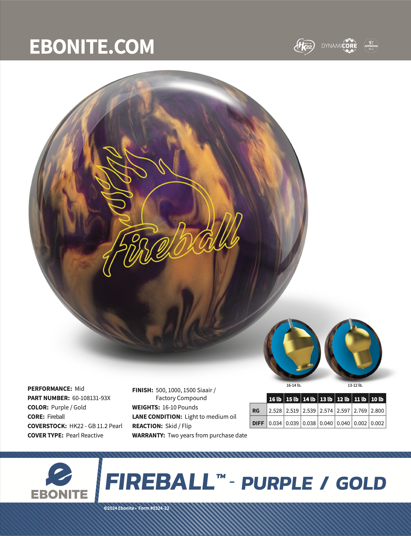 Ebonite Fireball Purple/Gold - Bowlers Asylum - World Elite Bowling - SRGBBFS - Storm Bowling - Roto Grip Bowling - 900 Global Bowling - Motiv Bowling - Track Bowling - Brunswick Bowling - Radical Bowling - Ebonite Bowling - DV8 Bowling - Columbia 300 Bowling - Hammer Bowling