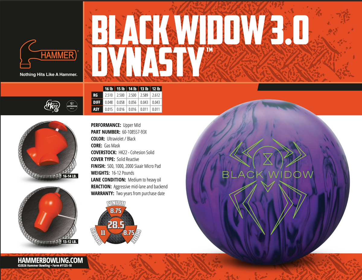Hammer Black Widow 3.0 Dynasty - Bowlers Asylum - World Elite Bowling - SRGBBFS - Storm Bowling - Roto Grip Bowling - 900 Global Bowling - Motiv Bowling - Track Bowling - Brunswick Bowling - Radical Bowling - Ebonite Bowling - DV8 Bowling - Columbia 300 Bowling - Hammer Bowling