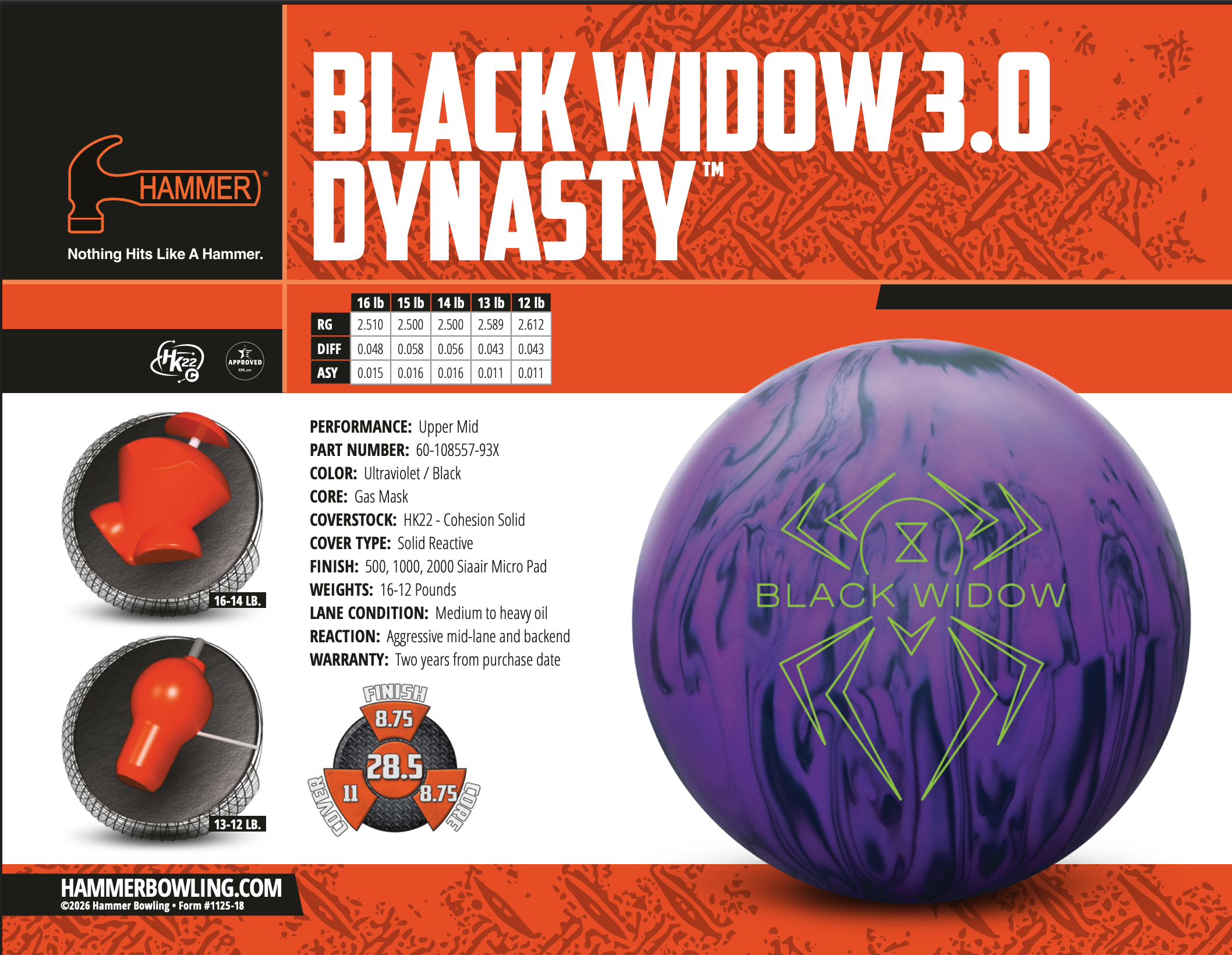 Hammer Black Widow 3.0 Dynasty - Bowlers Asylum - World Elite Bowling - SRGBBFS - Storm Bowling - Roto Grip Bowling - 900 Global Bowling - Motiv Bowling - Track Bowling - Brunswick Bowling - Radical Bowling - Ebonite Bowling - DV8 Bowling - Columbia 300 Bowling - Hammer Bowling