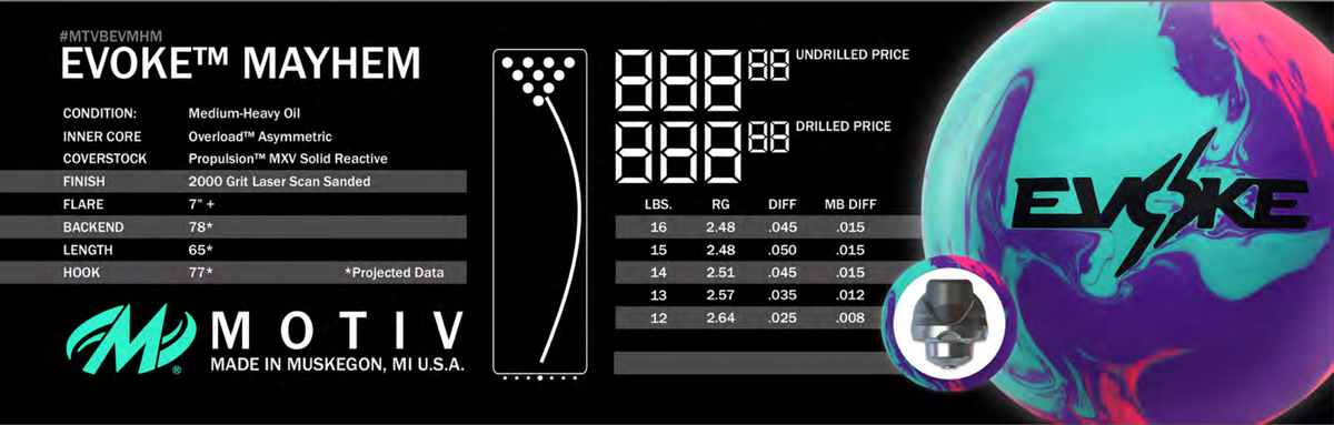 Motiv Evoke Mayhem - Bowlers Asylum - World Elite Bowling - SRGBBFS - Storm Bowling - Roto Grip Bowling - 900 Global Bowling - Motiv Bowling - Track Bowling - Brunswick Bowling - Radical Bowling - Ebonite Bowling - DV8 Bowling - Columbia 300 Bowling - Hammer Bowling