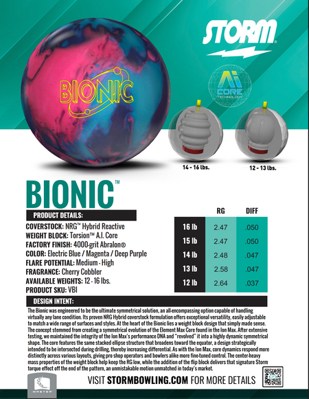 Storm Bionic - Bowlers Asylum - World Elite Bowling - SRGBBFS - Storm Bowling - Roto Grip Bowling - 900 Global Bowling - Motiv Bowling - Track Bowling - Brunswick Bowling - Radical Bowling - Ebonite Bowling - DV8 Bowling - Columbia 300 Bowling - Hammer Bowling