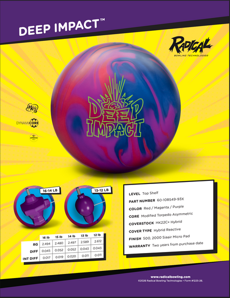 Radical Deep Impact - Bowlers Asylum - World Elite Bowling - SRGBBFS - Storm Bowling - Roto Grip Bowling - 900 Global Bowling - Motiv Bowling - Track Bowling - Brunswick Bowling - Radical Bowling - Ebonite Bowling - DV8 Bowling - Columbia 300 Bowling - Hammer Bowling