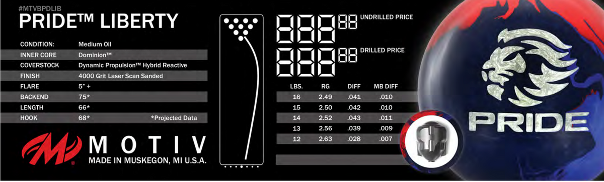 Motiv Pride Liberty - Bowlers Asylum - World Elite Bowling - SRGBBFS - Storm Bowling - Roto Grip Bowling - 900 Global Bowling - Motiv Bowling - Track Bowling - Brunswick Bowling - Radical Bowling - Ebonite Bowling - DV8 Bowling - Columbia 300 Bowling - Hammer Bowling