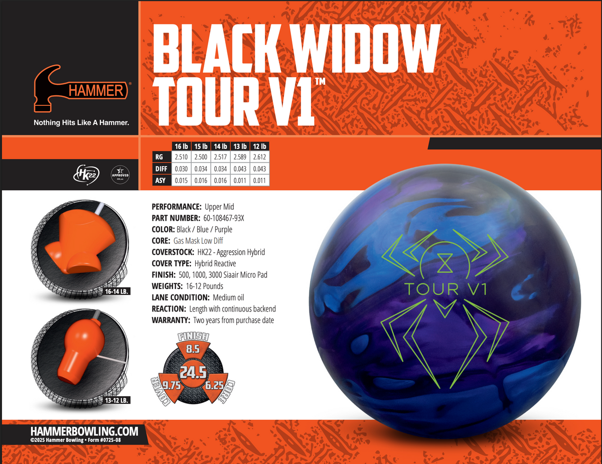 Hammer Black Widow Tour V1 (Pre-Order) - Bowlers Asylum - World Elite Bowling - SRGBBFS - Storm Bowling - Roto Grip Bowling - 900 Global Bowling - Motiv Bowling - Track Bowling - Brunswick Bowling - Radical Bowling - Ebonite Bowling - DV8 Bowling - Columbia 300 Bowling - Hammer Bowling