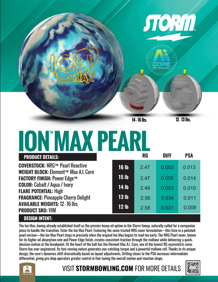 Storm Ion Max Pearl - Bowlers Asylum - World Elite Bowling - SRGBBFS - Storm Bowling - Roto Grip Bowling - 900 Global Bowling - Motiv Bowling - Track Bowling - Brunswick Bowling - Radical Bowling - Ebonite Bowling - DV8 Bowling - Columbia 300 Bowling - Hammer Bowling